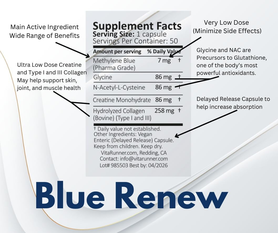 Methylene Blue Pharmaceutical Grade Capsules, with Added Glycine + NAC for Enhanced Antioxidant Activity, Collagen and Creatine for Anti-Aging Support, Youth and Longevity Formula