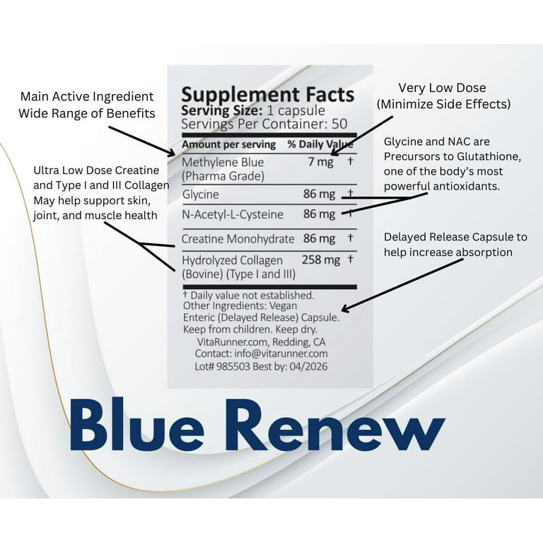 methylene blue and glutathione Methylene Blue Pharmaceutical Grade Capsules, with Added Glycine + NAC for  Enhanced Antioxidant Activity, Collagen and Creatine for Anti-Aging  Support, Youth and Longevity Formula