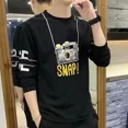 thumbnail image 3 of Camiseta de manga larga para hombre, estilo coreano, primavera y otoño, campus, simple, suave, silueta, cuello redondo fino, estampado, top de moda, 3 of 4