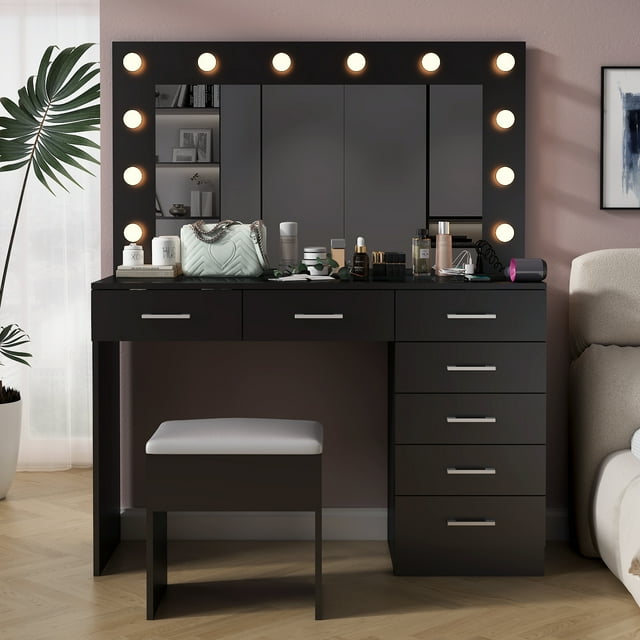 Ktaxon Grande Coiffeuse, Ensemble Table de Maquillage avec Plateau en Verre Visible et Borne de Recharge, Blanche
