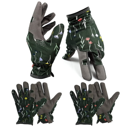 BIGTREE Gardening Gloves Fingertip Grips Lawn Yard Garden Work Gloves Floral Pattern Green, 3 Pairs