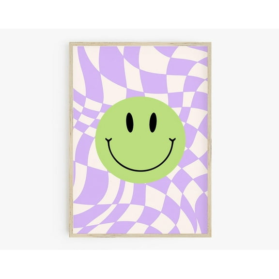 Preppy Room Wall Art, Retro Smiley Face Print, Abstract Checkerboard, Lime Green Happy Face, Y2K Poster, 90S Aesthetic, Dorm Room Art Wall Art, Modern Wall Decor, 8x12 UNFRAMED