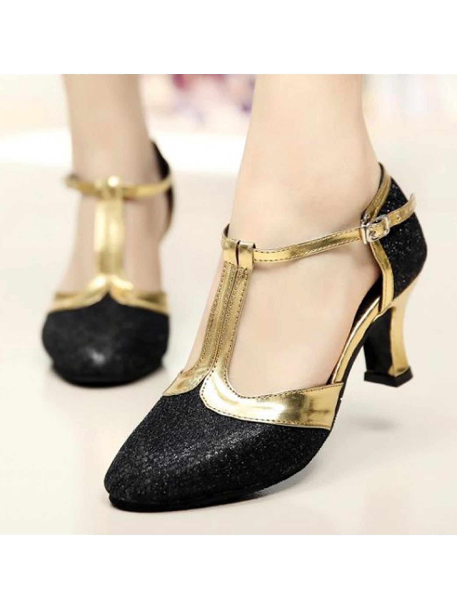 Women Shoes T-strap Latin Shoe Closed Toe Sandals Comfort Glitter Chunky Heels Pumps Soft Sole Fashion Black 5.5 Walmart.com
