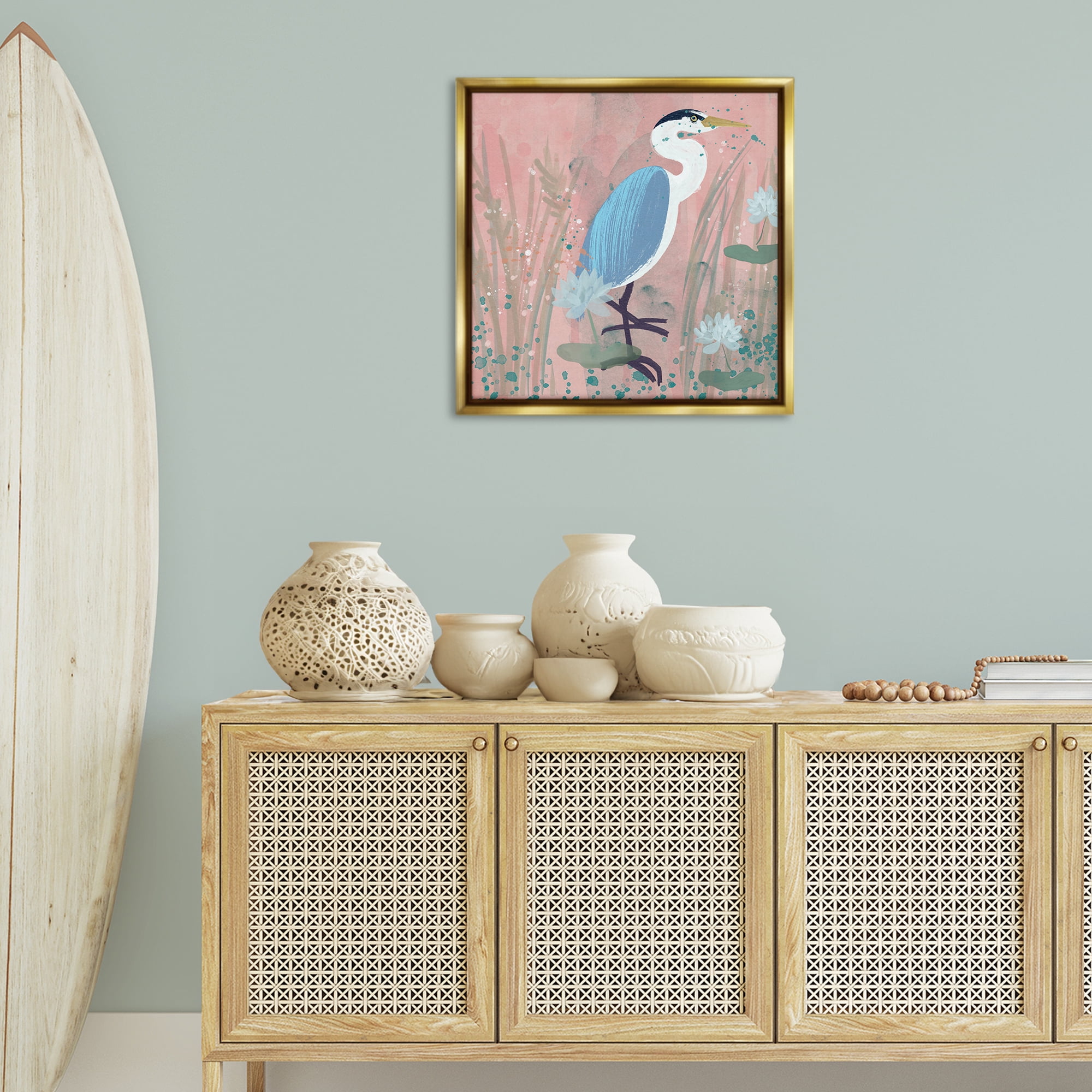 Stupell Industries Coastal Bird with Lotus Flowers Animals & Insects Painting Gold Floater Framed Canvas Art Print Wall Art, 25 x 25