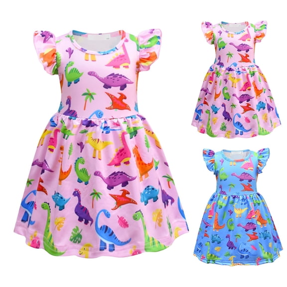 Trendfront Girls Dinosaur Print Dress Mid-Length Short Sleeve Crew Neck Toddler Animal Graphic Casual Summer Playwear Outfits