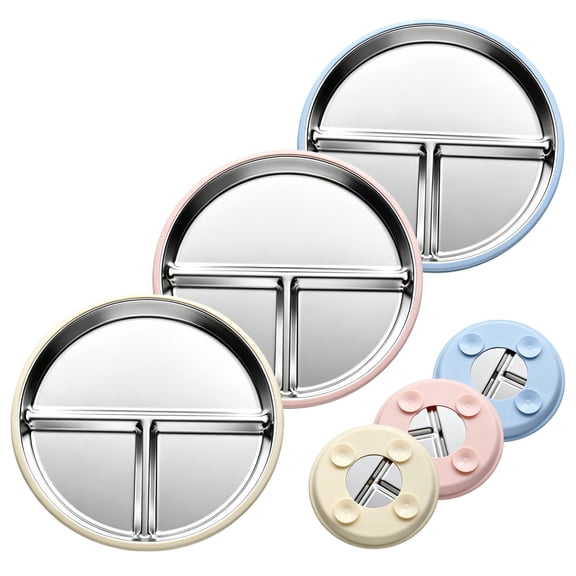3Pcs Stainless Steel Toddler Plate with Suction, 9" Divided Dinner Plates Kids Snack Plates with Removable Silicone Sleeves, Non Slip & Dishwasher Safe, Blue/Pink/Yellow