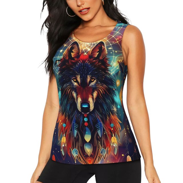 Fotbe Mystic Wolf Dreamcatcher Blusas Sin Mangas para Mujer – Estilo Casual, Corte Suelto, Slim-Fit, Cuello Redondo Deportivo, Tops de Verano para Gimnasio y Yoga-XX-Large