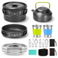 thumbnail image 1 of Juego de 15 piezas de utensilios de cocina para camping, juego de ollas, sartenes, hervidor antiadherentes y livianos con tazas, platos, tenedores, cuchillos y cucharas de acero inoxidable, 1 of 4