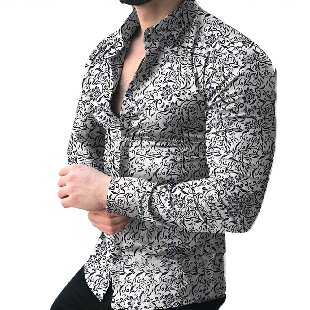 Men Shirts Long Sleeve Floral Print Polyester Casual Camisa Button Lapels Collar