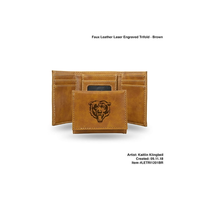 Chicago Bears TRIFOLD en FAUX Cuir Marron Gravé au LASER avec LOGO Noir