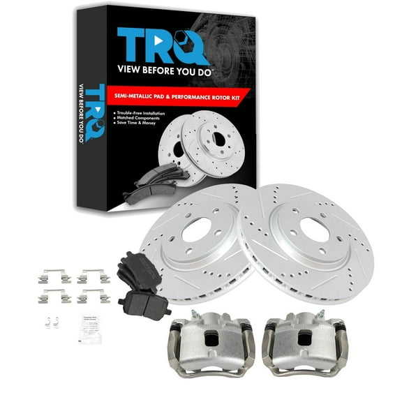 TRQ Front Performance Brake Pad & Rotor Kit Brake Caliper Brake Pads Brake Rotors Set Semi-Metallic Vented Premium G-Coated Fits Select 2007-2008 Pontiac G5