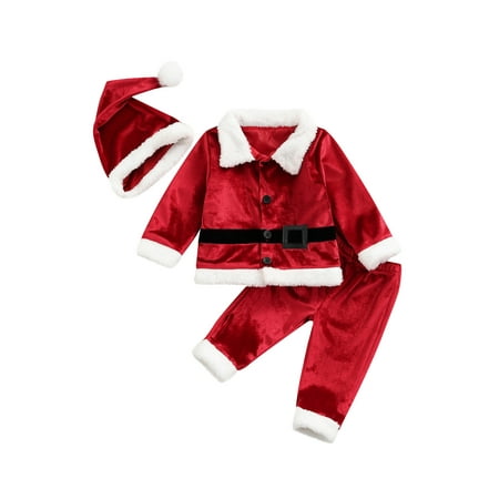 

Baby 3 Pcs Warm Infant Baby Christmas Santa Claus Fleece Tops Coat+ Pants+ Hat New Year Clothes