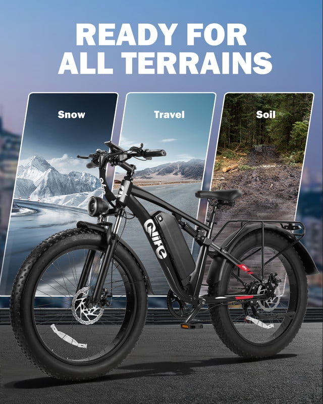 Qlife Racer Plus Electric Bike for Adults Peak 749W Motor Up to 19.8MPH, 4.0 Fat Tire Electric Mountain Bicycle with 48V 15.6AH Battery, 7 Speed Full Suspension Ebike(Black)