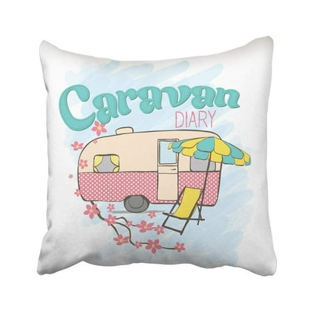 ARTJIA Camper Caravan Cute Family Traveler Truck Summer Trip Concept Pink Trailer Vintage Retro Pillowcase 18x18
