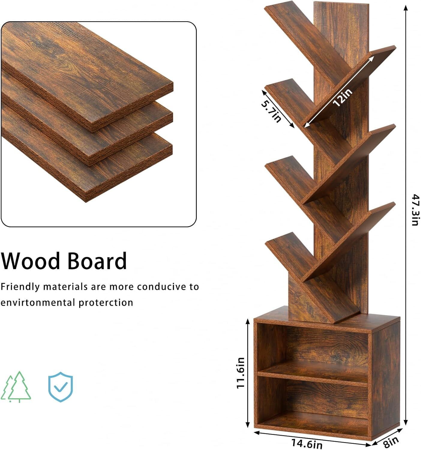 LELELINKY 7-Tier Wooden Bookcase with 2 Shelves, Free Standing Tree Bookshelf for Home Office, Rustic Brown