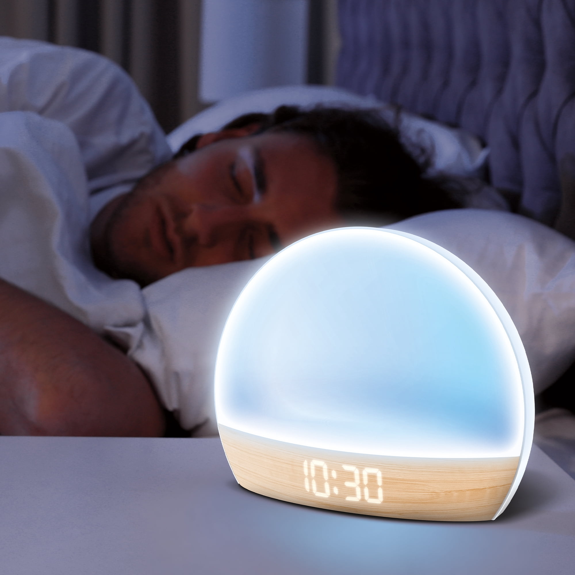Brookstone Sunrise Alarm Clock with Soft LED Light, RGB Color Night Light, Sunrise & Sunset Simulation, Time/Date and Indoor Temperature Display, Touch Controls, USB Powered