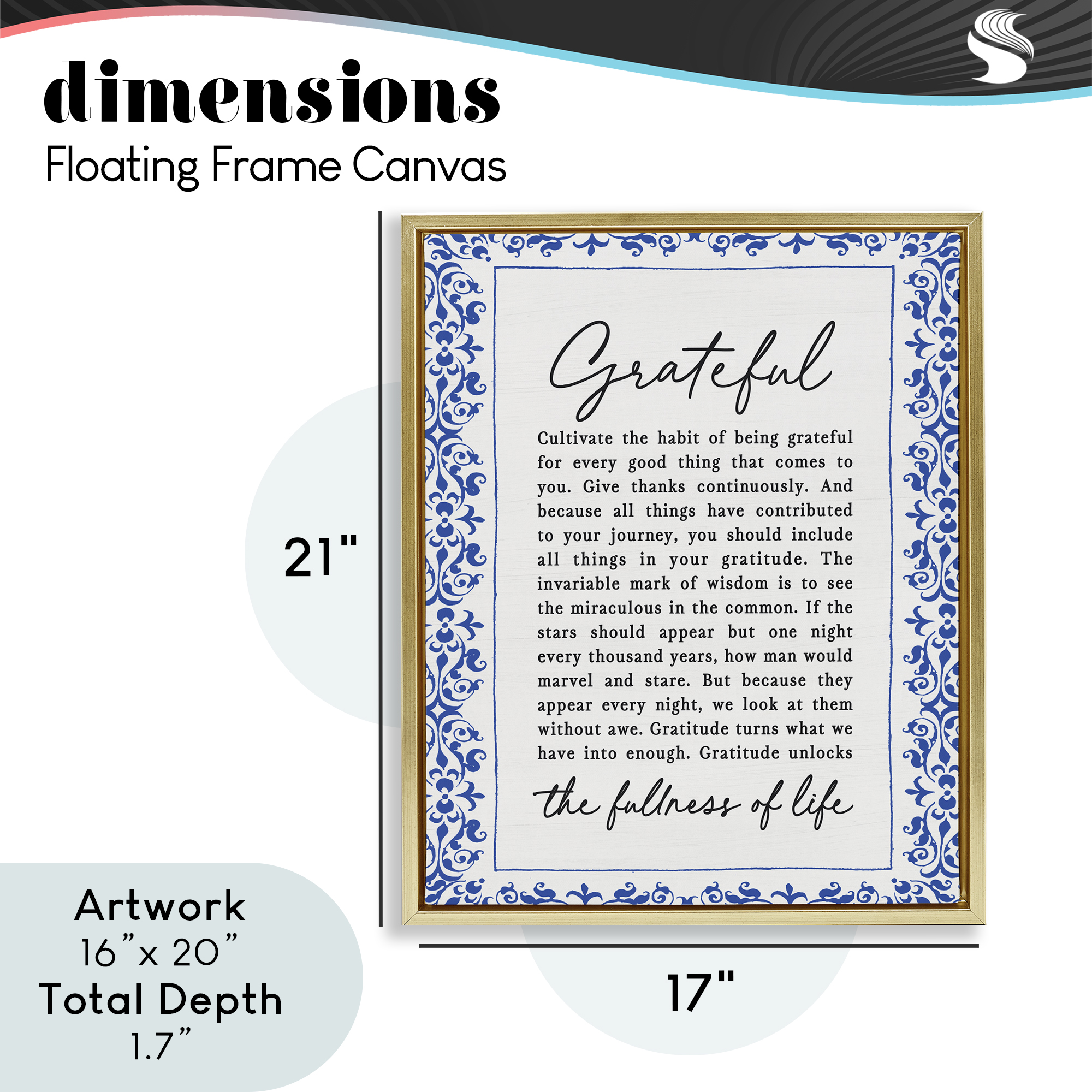 Gratitude Unlocks Fullness Of Life Gold Framed Floater Canvas Wall Art, design by Lettered and Lined
