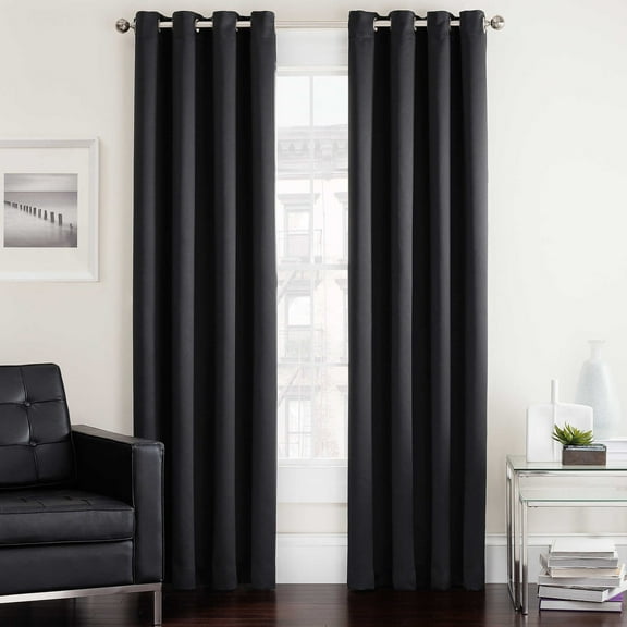 Solid Amy Thermal Blackout Window Curtain With Shiny Back To Reflect Sunlight! (63" Short, Midnight Black)