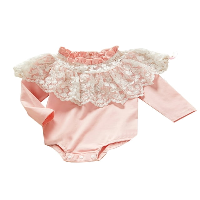 Baby Romper Contrast Color Ruffled Collar Long Sleeve Lace Patchwork Bodysuit for Girls 0-18 Months
