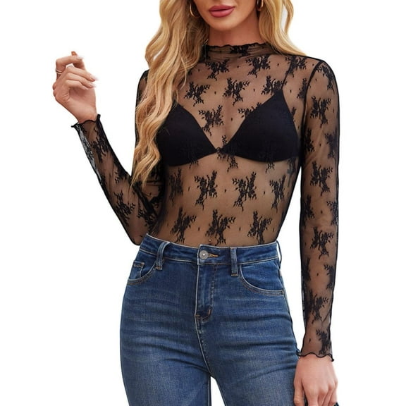 Siliteelon Womens Lace Mesh Long Sleeve Top Mock Neck Sheer See Through Sexy Blouse Floral Layering Shirt