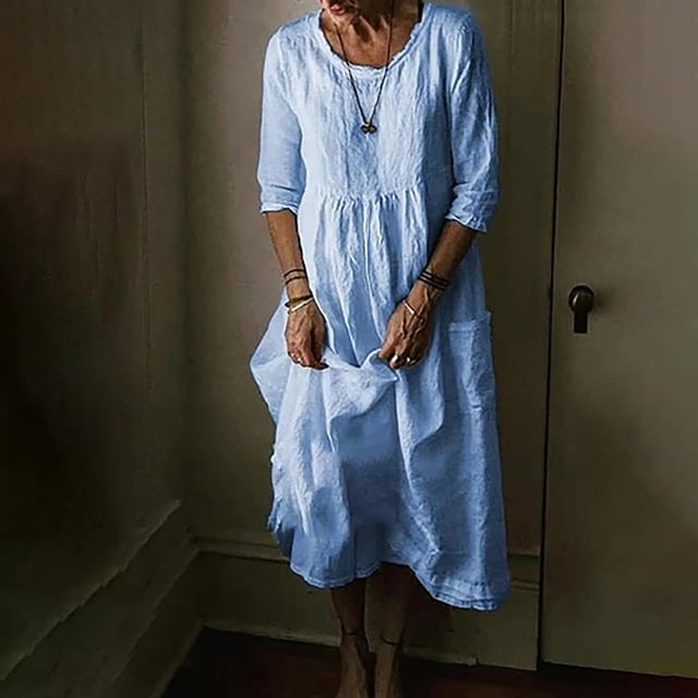 FcBaudy Robe à Manches Longues Col Rond Cheville, Robes pour Femmes, Robes d'Été Mode Femmes Hiver Décontracté Col Rond Manches 1/2 Poche Longue Robe Femmes