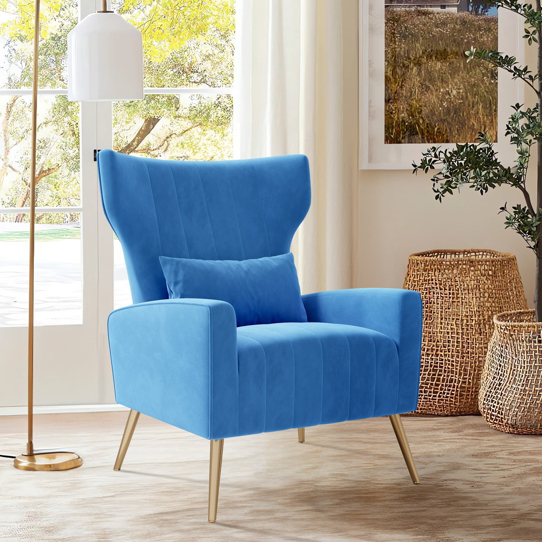 MOONMISS Velvet Accent Chair for Living Room, Modern Arm Chair with Pillow, Single Sofa Lounge Chair for Bedroom & Reading Room,Blue