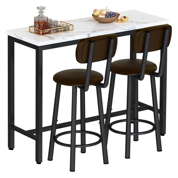 3 Piece Bar Table Set of 2,39.3" Pub Bar Table and Chairs Set,Faux Marble Bar Height Table with 2 Backrest Stools,Small Dining Table for 2,Kitchen Table Set for Small Space,White & Brown
