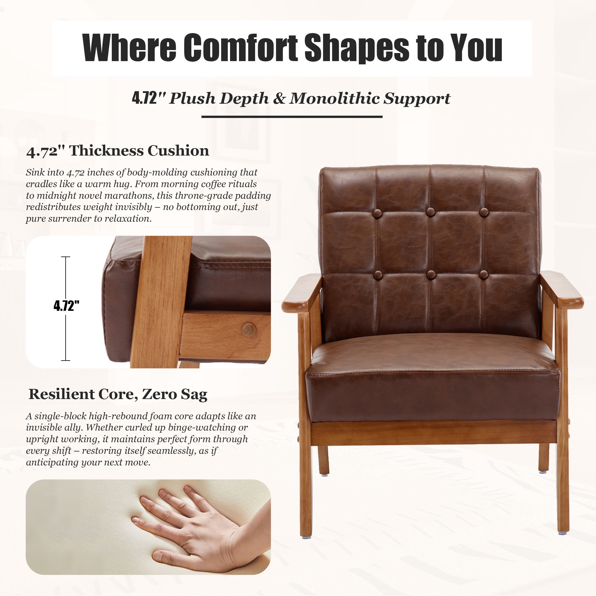 MOONMISS Accent Chair Set of 2,Mid Century Modern PU Leather Armchair with Wood Frame for Living Room Bedroom Study Room Easy Assembly,Brown