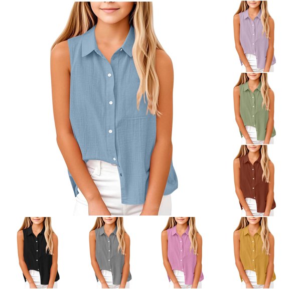 RMGVDSD Girls Sleeveless Button Down Shirts Casual Tank Tops for Kids Solid Color Beach Shirt Blouse with Pocket 11-12 Years
