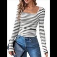 thumbnail image 1 of Camisas de Larga con Cuello Cuadrado para Mujer, Blusas Informales de Punto Acanalado de Corte Ajustado, Camisetas Básicas de Trabajo para Verano y Otoño. y Negro XL, 1 of 9