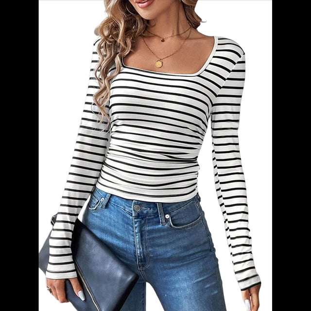 Camisas de Larga con Cuello Cuadrado para Mujer, Blusas Informales de Punto Acanalado de Corte Ajustado, Camisetas Básicas de Trabajo para Verano y Otoño. y Negro XL