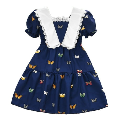 

Godderr Toddler Girls Princess Skirt Lace Short Sleeve Stitching Mesh Gauze Print Dress Blue 4-7Y