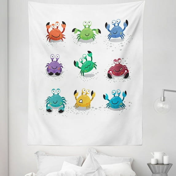 Crabs Tapestry, Joyful Cartoon Style Colorful Crab Characters with Various Expressions and Emotions, Fabric Wall Hanging Decor for Bedroom Living Room Dorm, 5 Sizes, Multicolor, by Ambesonne