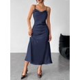 thumbnail image 5 of Navy Blue Satin Slip Dress With Spaghetti Straps And Cowl Neck For Evening Or Date Wear, 5 of 7
