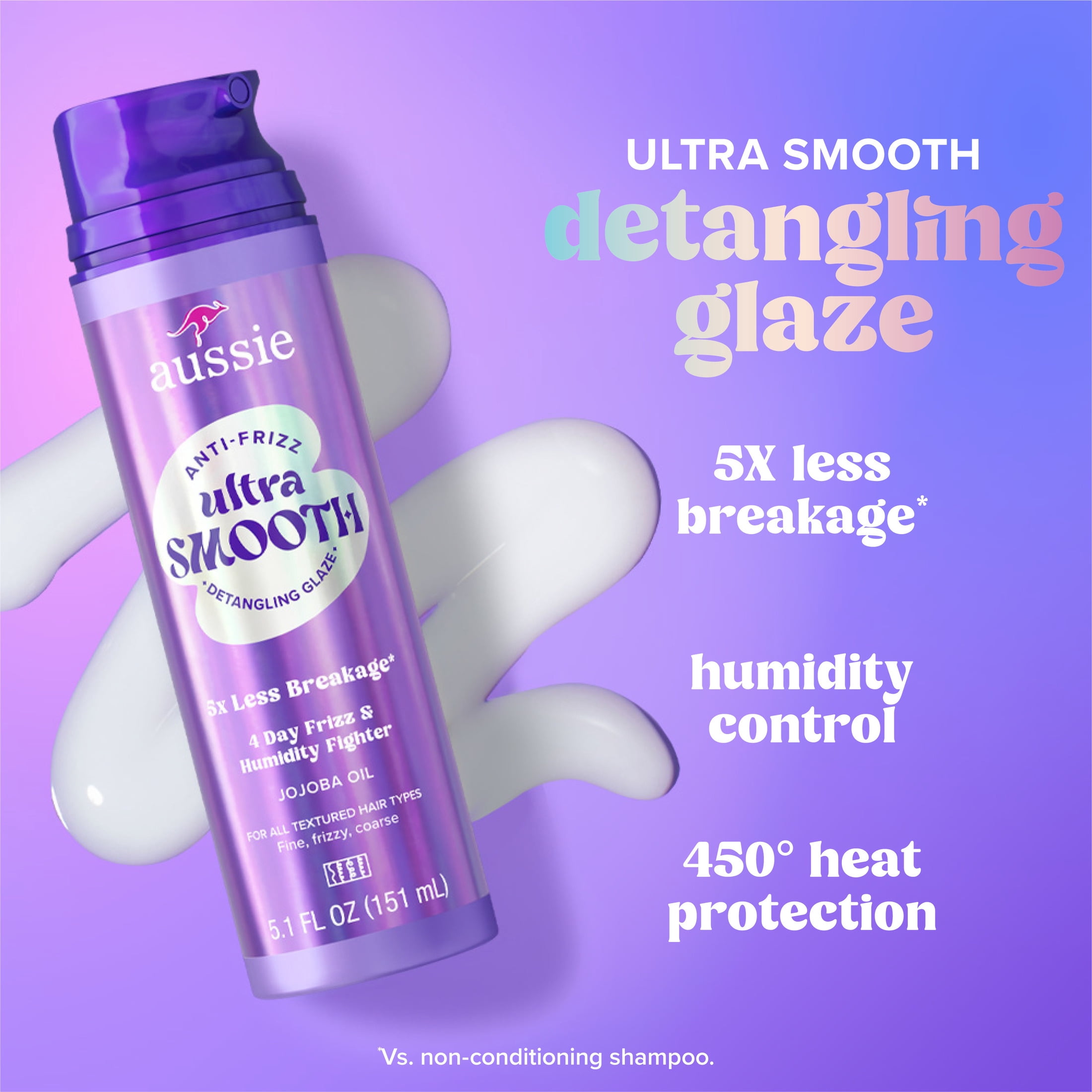 Aussie Ultra Smooth Detangling Glaze, Anti-Frizz, 5X Less Breakage, With Jojoba Oil, For All Textured Hair 5.1 fl oz
