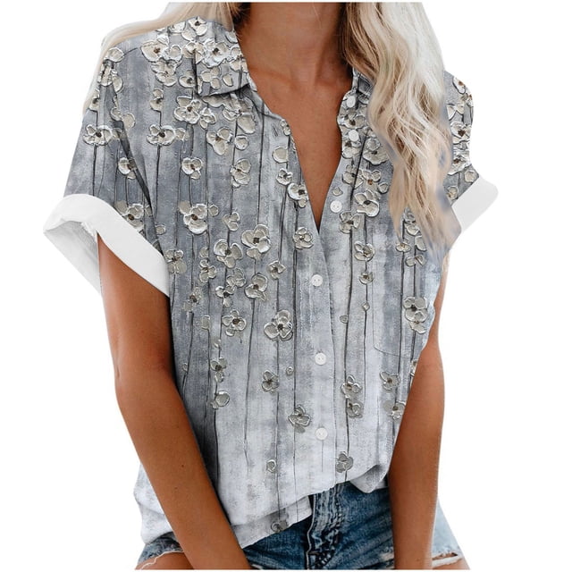 CEHVOM Chemisier Décontracté à Revers pour Femme, Manches Courtes, Imprimé, Chemise Ample, Hauts, Boutons, Cardigan, Liquidation