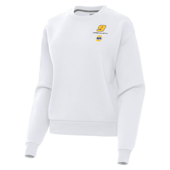Women's-Antigua White Chase Elliott Victory Crewneck Pullover Sweatshirt