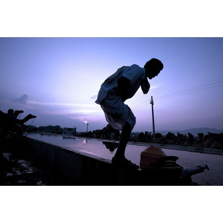 11 Man Water Station - Laminated Poster Man Pushkar Asia Early Morning India Water Poster Print 11 x 17