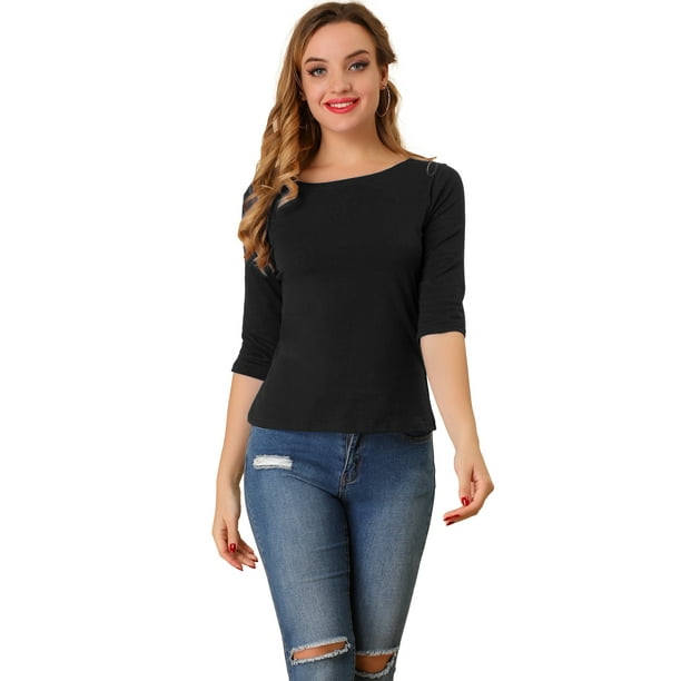 CamiseAjustaCon Cuello Redondo Y Mangas Al Codo PaMujer Negro M