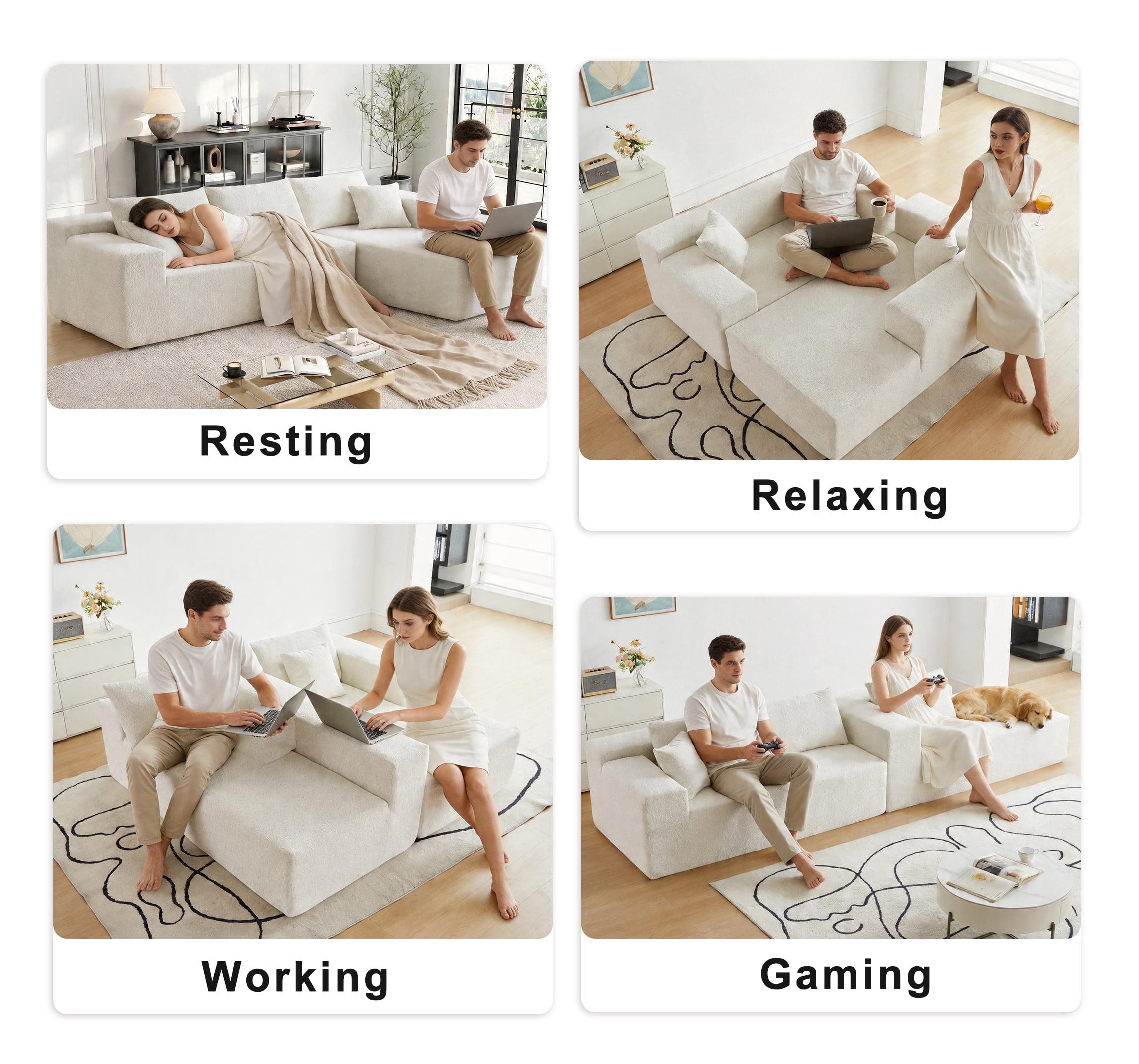 Xiweot 103" Boneless Sectional Sofa for Living Room, Memory Foam Cloud Modular Sectional Couch with Deep Seat, No Assembly Velvet L Shaped Sofa with Right Facing Chaise, Beige