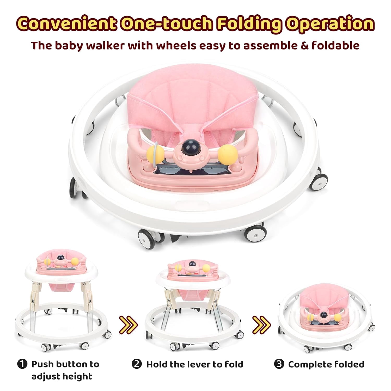PRVAETU Foldable Baby Walker Activity Center W/ Music Toy,Wheels,Height Adjustable,Foot Pad for 6-18 Months Babies Infant Boys Girls,Pink