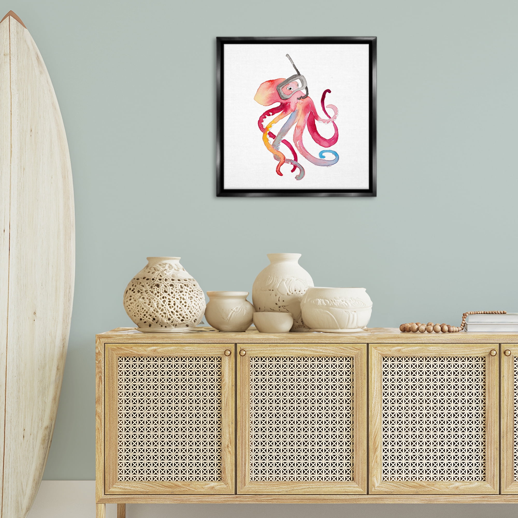 Stupell Industries Snorkel Mask Octopus Novelty Painting Black Floater Framed Canvas Art Print Wall Art, 25 x 25