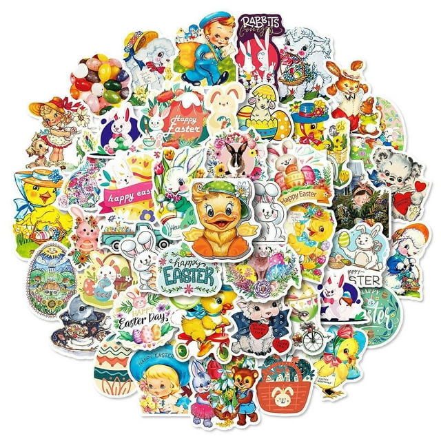 Easter Cartoon Cute Rabbit Stickers, Set of 50, Waterproof and UV Resistant, Great for All Your Gadgets