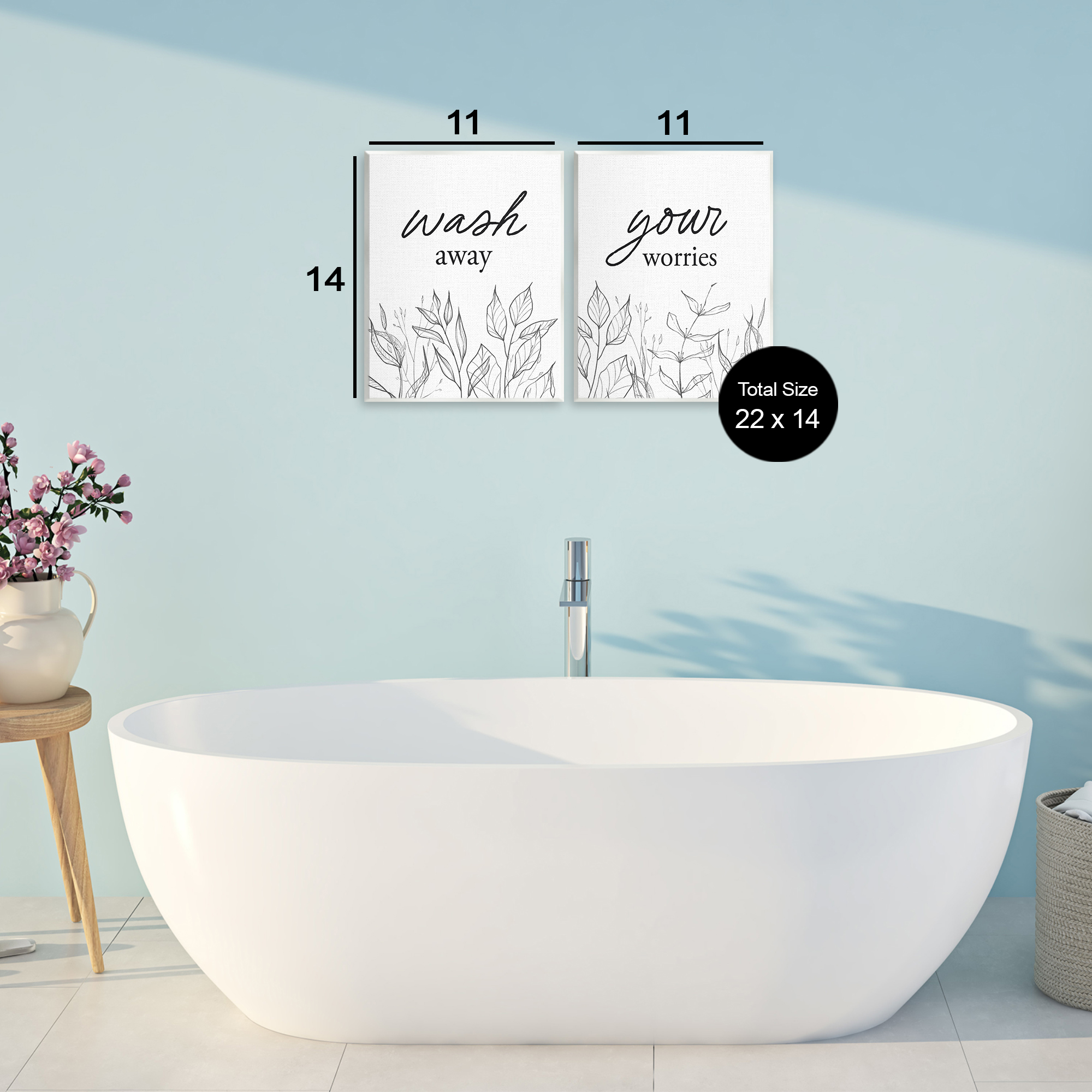 Wash Away Worries Minimalist Leaves 2 Piece Wall Plaque Art Set, design by Lettered and Lined