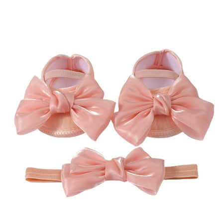 Awevudst Baby Girls Baptism Shoes and Headband Shiny Bow Flats and Hairband