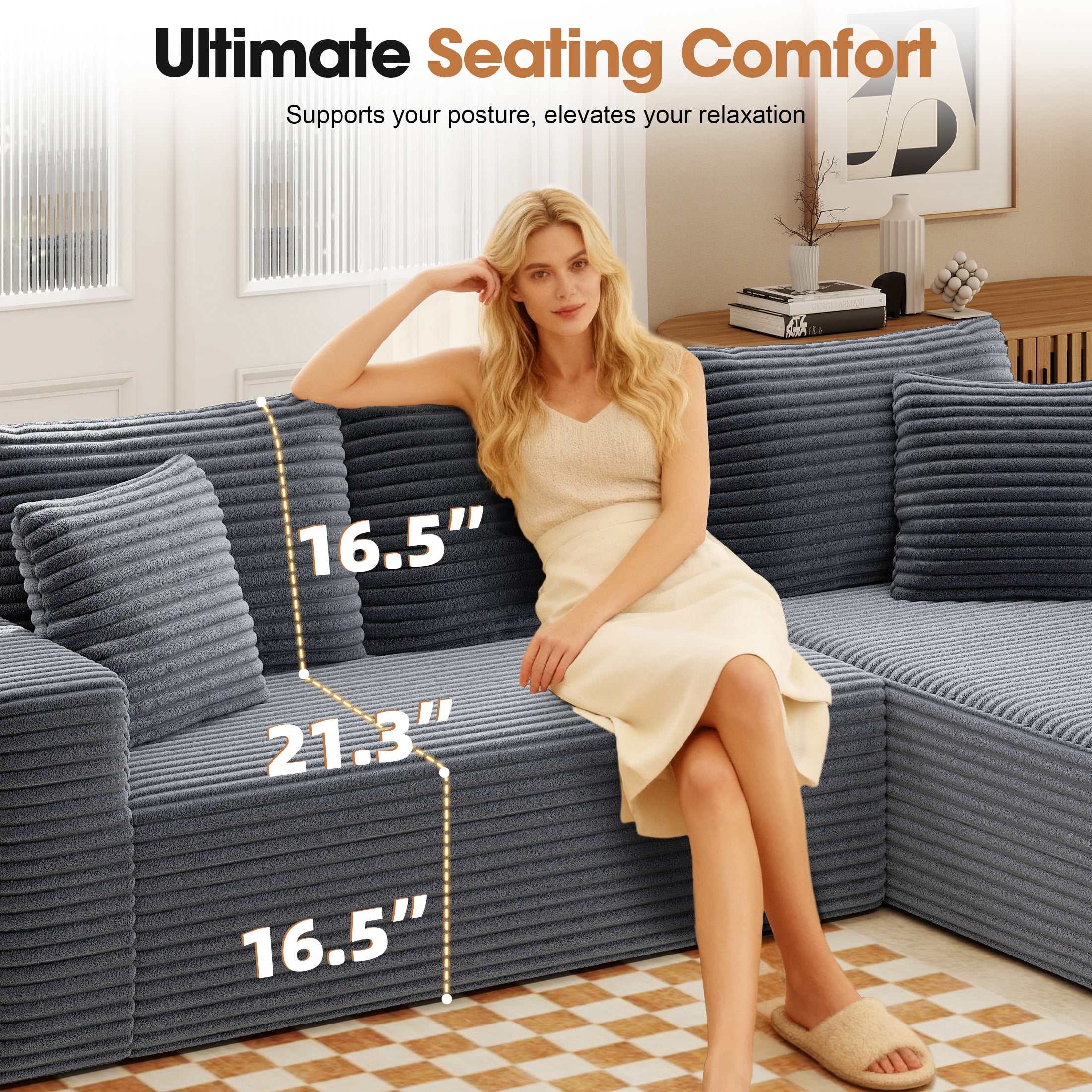 Aukfa Modular Sectional Sofa with Chaise, 95" Boneless Cloud Couch for Living Room, Gray