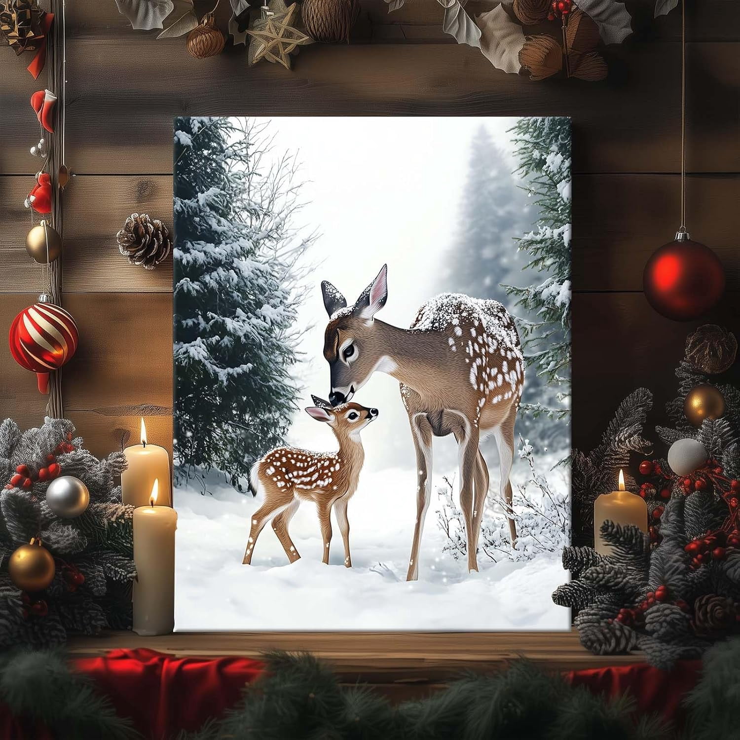 Christmas Canvas Wall Art Decor with Mother Reindeer and Fawn, Winter Holiday Canvas Print for Living Room and Bedroom, Christmas-Themed Wall Décor to Enhance Holiday Atmosphere?11X14 inch