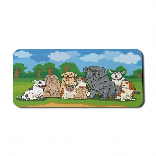 Dog Lover Computer Mouse Pad, Repetitive Park Landscape Colorful Friendly Group of Dogs Animals, Rectangle Non-Slip Rubber Mousepad X-Large, 35" x 15", Azure Blue Almond Green, by Ambesonne