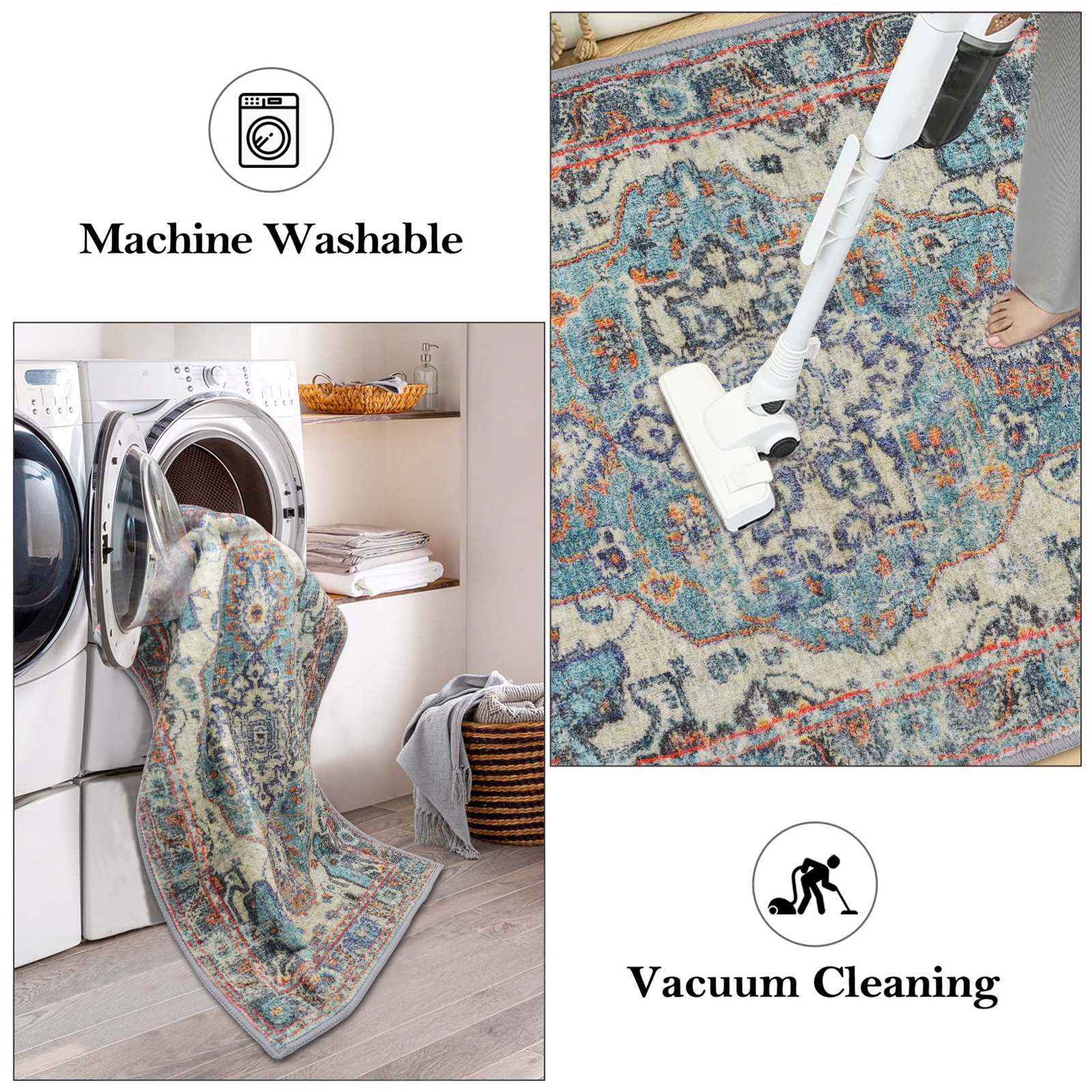 5x7 Area Rug for Living Room - Neutral Blue Floral Vintage Design - Pet Friendly - Boho Washable Rug for Bedroom, Dining Room