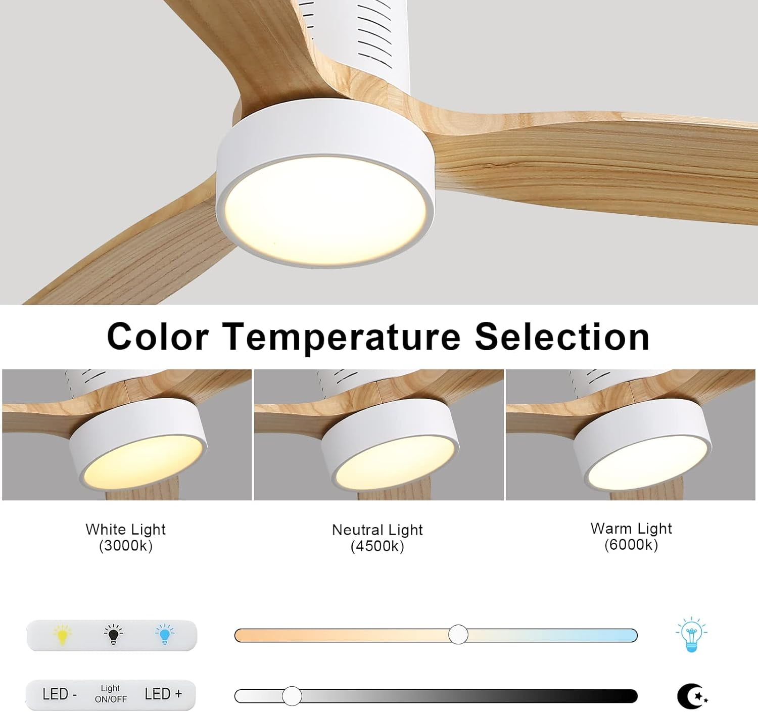 Sofucor 52 In Ceiling Fan Flush Mount Modern Wood Blades With Light Remote - 6 Speed, LED